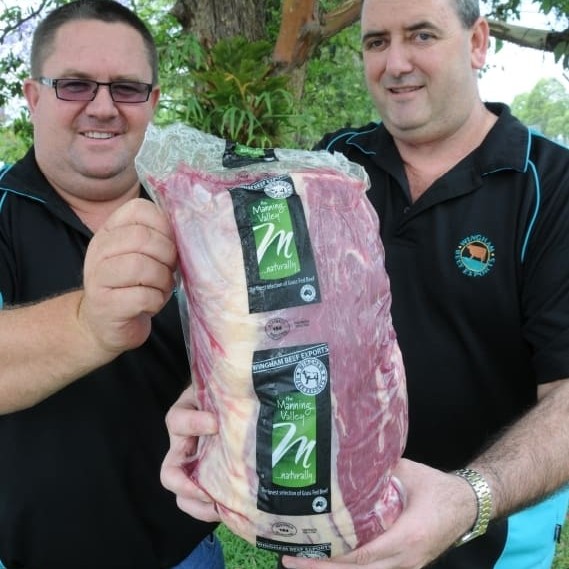 Wingham Beef general manager Grant Coleman and BPA salesman Wayne Goward with a sample of the new Manning Valley...Naturally brand