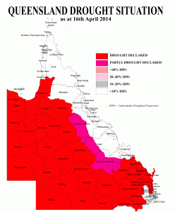 Areas shaded red were officially drought declared in Qld's last drought status update on April 16, 2014.