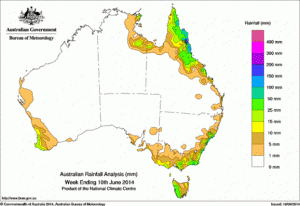 Rainfall recorded across Australia for  the seven days to 9am on June 10, 2014. 