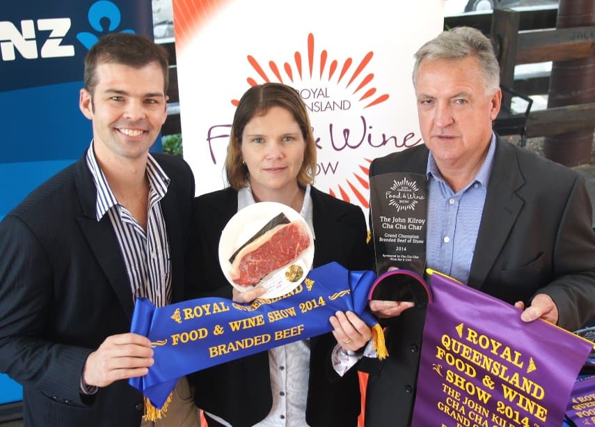 JBS's Brad De Luca, Renee and Denis Conroy with their grand championship winning Swift Premium entry at Friday's Brisbane Show branded beef competition.  