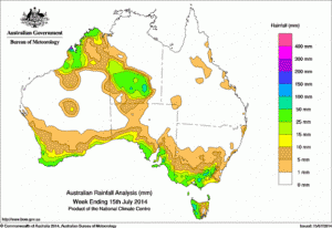 Rainfall across Australia for the week ending 15 July, 2014.