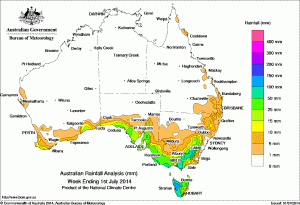 Rainfall across Australia during the week ending July 1, 2014. 