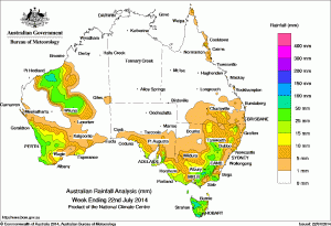 Rainfall across Australia for the week ending 22 July 2014.