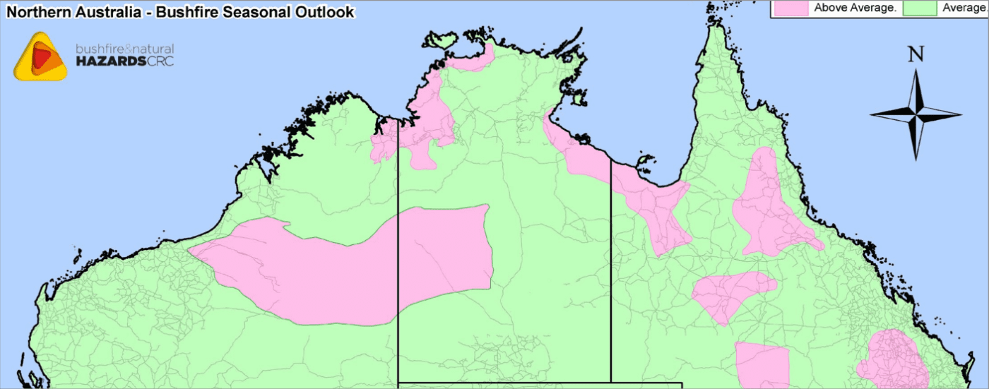 Areas shaded pink are considered to have an above average bushfire potential this summer.