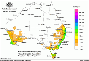 Rainfall across Australia for the seven days to 26 August 2014.