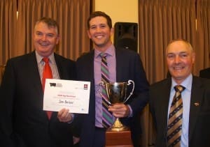 2014 Cattle Council of Australia Rising Champion Sam Becker with NAB Agribusiness' Geoff Rose and CCA president Andrew Ogilvie in Canberra last night, 