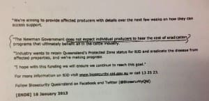 A copy of a Qld Govt media release stating that no producer should bear the cost of protecting the broader industry. 