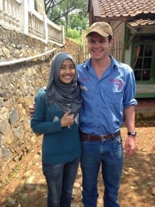 Veterinary science student Elliot O’Farrell with an Indonesian  student in Cimaung village.