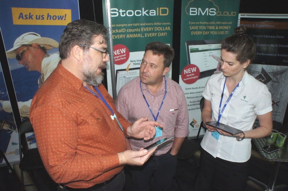 Wainui feedlot's Geoff Cornford, with Hayley Roseby and Gavin Knight from Elynx during BeefEx