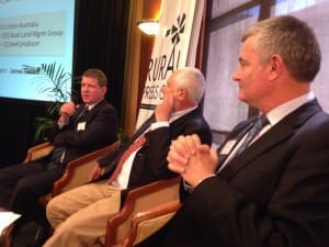 Ian McCamley (left) discusses ag sustainability with fellow panellists Tony Gleeson and Adam Kay.