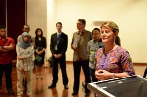 NTCA executive director Tracey Hayes addresses a function at the Australian Embassy in Jakarta. 