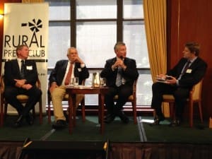 Panellists at Tuesday's RPCQ sustainability forum Ian McCamley, Tony Gleeson and Adam Kay with Beef Central's James Nason as moderator.