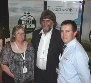 Tasmanian Beef award winners Phillip and Sonja Rattray are congratulated by JBS Tasmanian livestock manager Mathew Bosworth