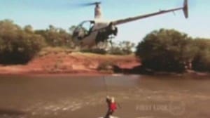 Milton Jones tows his son behind a helicopter in an episode of Keeping up with Joneses.