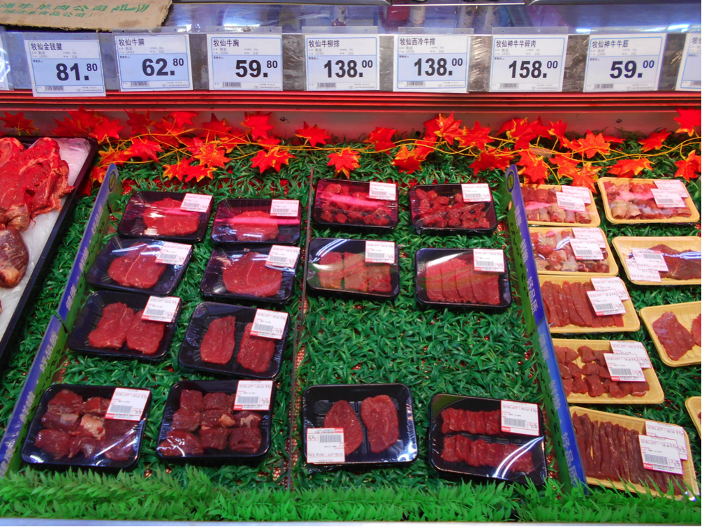 Shanghai supermarket beef. Prices advertised per 500 grams of product.