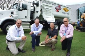 John Dee director, John Hart, right, pictured with Rotomix sales personnel at BeefEx last year, looking over Yarranbrook's new RotoMix 920-18 mixer truck bought as part of the feedlot's preparations for expansion.