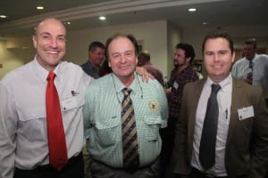 Incoming NTCA president Tom Stockwell (centre), Sunday Creek, with NAB Agribusiness' Gavin Kruger, Atherton, Qld, and Tom Fisher, Darwin at the NAB Top End Beef Industry Dinner in Darwin last night.