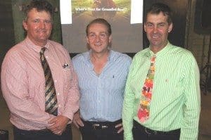 Peter Greenham Jr from Greenham Tasmania is congratulated onm the success of the company's Cape Grim brand by  CCA president Howard Smith, right, and Agforce President Grant Maudsley  