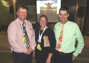 CAAB chief executive Kate Brabin is congratulated on the success of the Angus Pure grassfed brand program by CCA president Howard Smith and Agroce's Grant Maudsley.