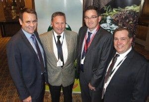 MLA managing director Richard Norton, left, and JBS's Mark Inglis, right, with beef producers Chris Stanley, CS Livestock, Melbourne and Jono Craven. Gippsland Water Agribusiness during the official launch of the LDL program in Melbourne on Friday.