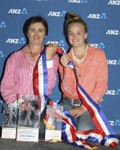 Collecting the champion and reserve champion carcase pen trophies on behalf of her neighour, Bruce Campbell from WA were Michelle Fleming and daughter, Tanya.