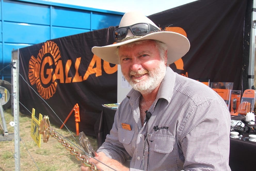 Mike Thomas is a senior field day demonstrator and trainer with Gallagher, working at all major field days in Australia. He also runs an irrigated lucerne and cattle fattening operation "in his spare time". He has over 30 years experience in the fencing field, originally as a fencing contractor.