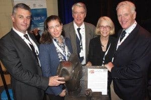 Admiring the iconic Zanda McDonald award trophy on display during Beef 2015 in Rockhampton recently were Don and Christine McDonald and daughter Susan, with JBS Austalia chief executive Brent Eastwood and PPP chairman Shane McMenaway.