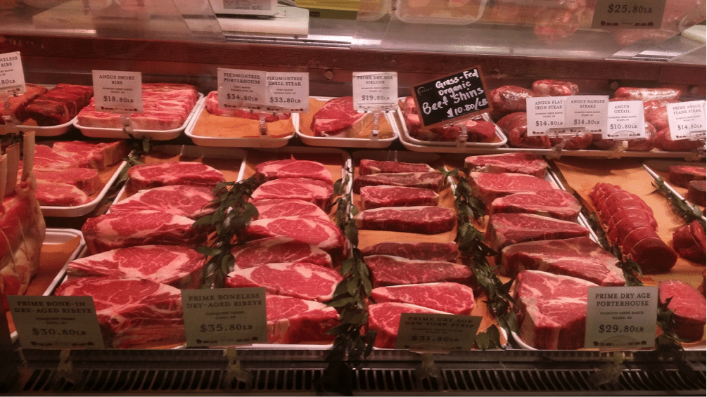 My daughter was in New York last week and sent this photo from an upmarket downtown butcher shop.  This retail price range of US$14 and $35 per lb converts to AUD$40 to AUD$100 per kg. Each price ticket includes the farm of origin.