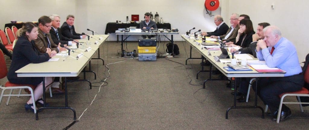 Cattle producers Josie and Blair Angus, David Hill and Ian McCamley address yesterday's inquiry at Roma.