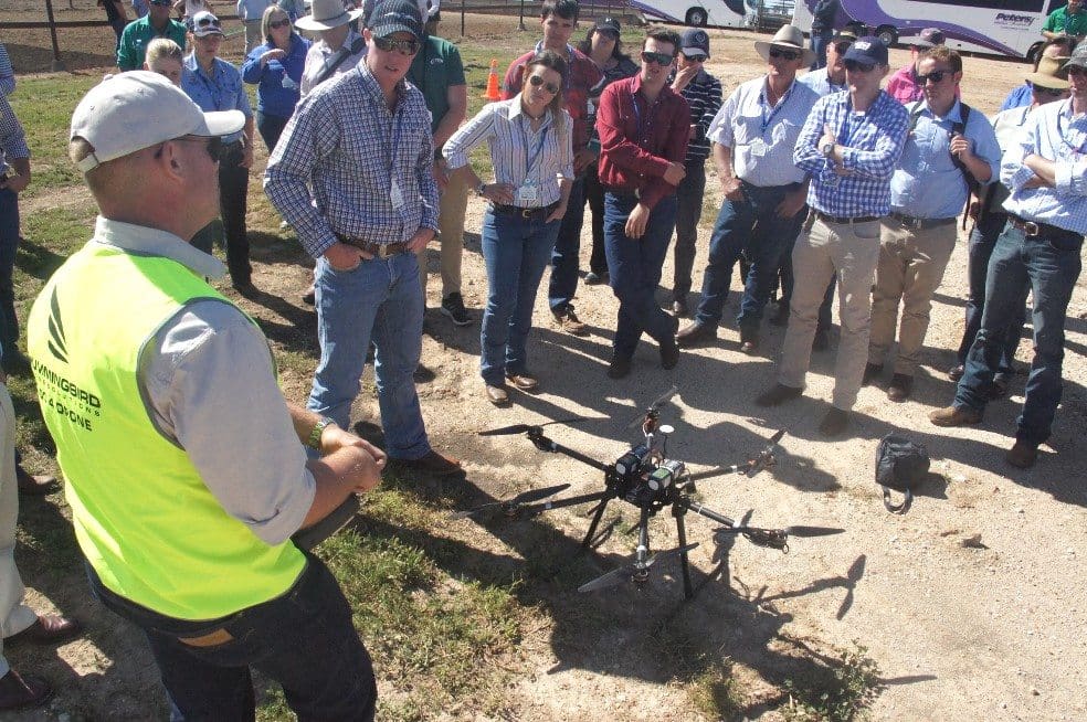 Hummingbird's Rob Gilmour demonstrates a multi-copter used for bank call trials at Grassdale feedlot during last week's BeefWorks conference.