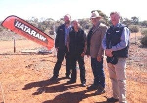 Looking at exclusion fencing options at the Michael Sala Tenna from Waratah, National Wild Dog Management Facilitator Greg Mifsud, Ross Wood of the Kalgoorlie Pastoral Alliance and Paul Jones from Waratah all attended the Kalgoorlie Innovation Conference were from left, Waratah's Michael Sala Tenna, National Wild Dog Management Facilitator Greg Mifsud, Ross Wood of the Kalgoorlie Pastoral Alliance and Paul Jones from Waratah.