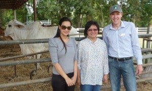 Department of Agriculture and Food’s Northern Beef Futures manager Daniel Marshall with Royal Thai Embassy first secretary Ms Pear Suratchaya Palawongse (left) and Minister Counsellor Agriculture Ms Vanida Khumnirdpetch at a Thailand feedlot in December 2014.
