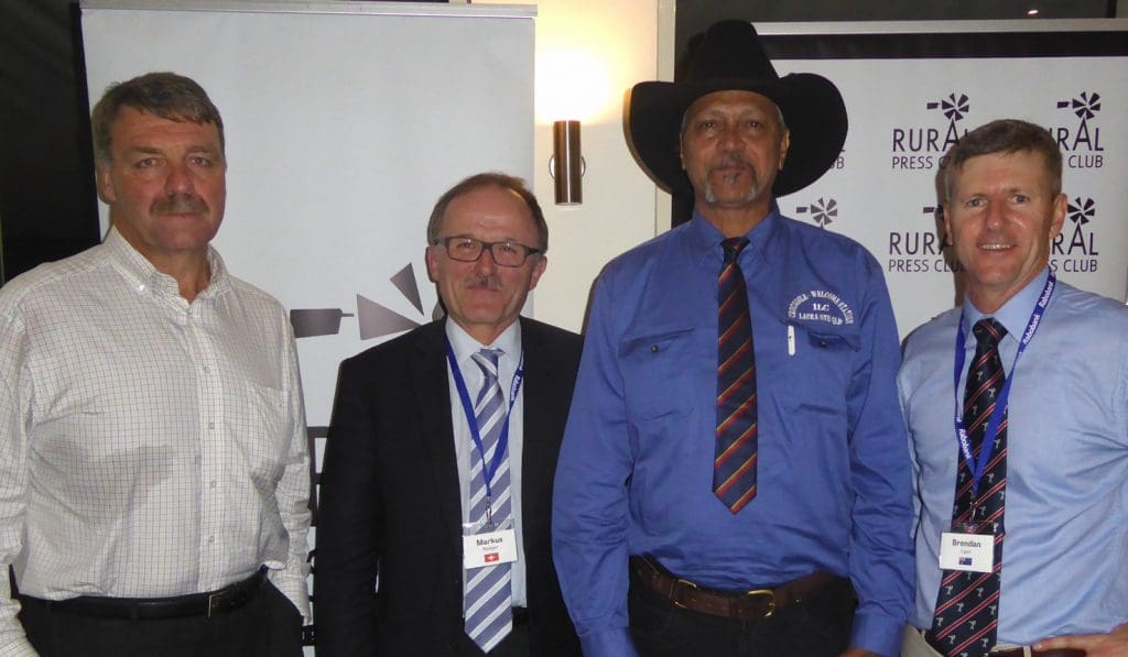 At the Queensland Rural Press Club function in Cairns on October 9, NIPE General Manager Garry Cook, International Federation of Agricultural Journalists President Markus Rediger from Switzerland, Aboriginal training manager John Ross and Rural Press Club President Brendan Egan.