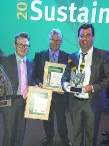 Beenleigh general manager Shane Gee, right, with the plant’s environmental officer Jacob Welch and asset manager Warren Isaac with environmental awards presented on Wednesday