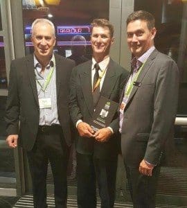 Nullamanna's Peter Lane is congratulated during Wednesday's awards by Woolworths national livestock manager Brett Thompson and meat team member Jim Steffan. 