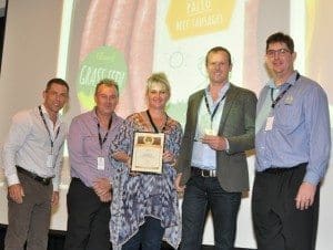 Australian Certified Organic board chairman Dr Andrew Monk, left, and CEO Paul Stadham, right, congratulate staff from Arcadian’s retail packing plant in Gosford - general manager Ron Waterhouse, QA manager Rentia Morgan, and COO Mick Dorahy.