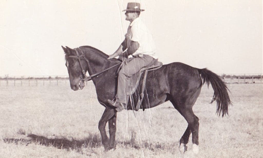 An early image of Perc Crumblin on his horse Rivers - possibly taken at Brunette Downs. 