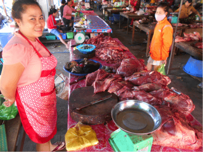 The beef (and buffalo) section at the Pakse wet market, southern Laos.