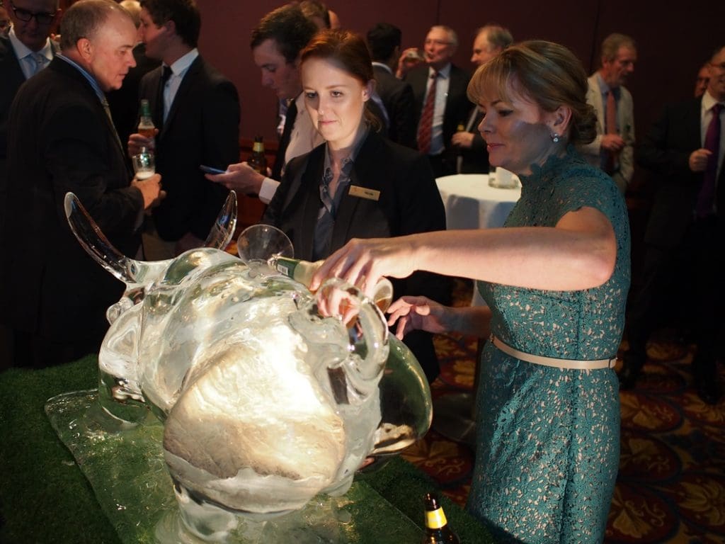 Jackie Cannon from CPC's Brisbane head office cools a stubbie using the ice-scupted bull at Friday's dinner