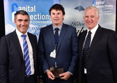 Minister Nathan Guy, left, and PPP's Shane McManaway congratulate 2016 award winner Dean Rabbidge
