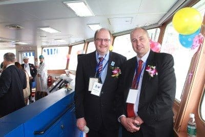 Livestock Express managing director Paul Pistorius with Frontier International Agri managing director Hamish Browning on the bridge of the Greyman Express.