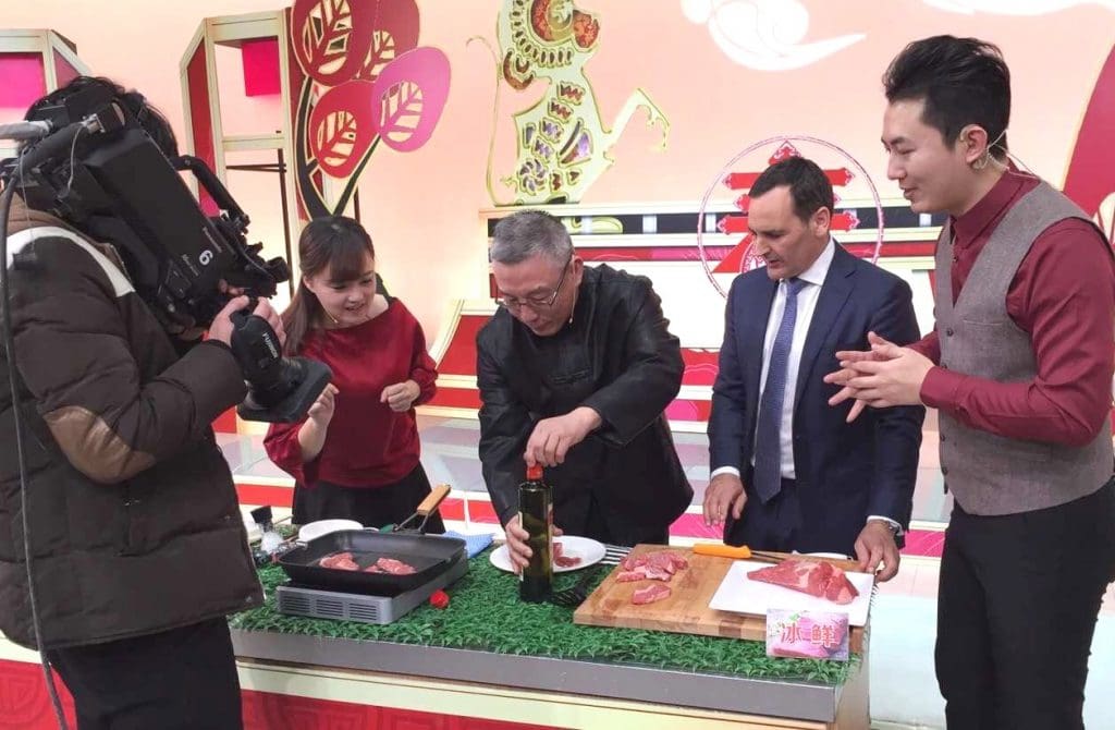 AFARM's Sean Flanery appearing on a Chinese TV shopping channel show promoting Prima Farm beef