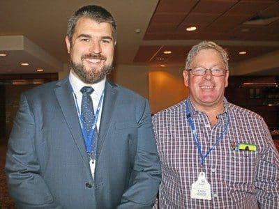 Paraway Pastoral’s Stuart Johnston and beef producer Sam White, Guyra, NSW, at the Angus Australia national conference.