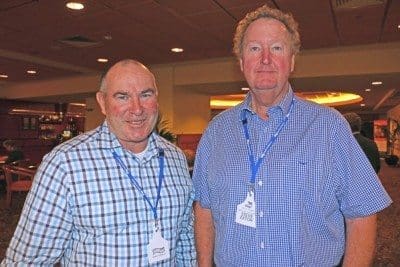 Woolworths Meat Company's Pat McEntee, left, catches up with Steve Exton, NSW DPI beef industry leader at Wagga, during the Angus Australia national conference at Albury yesterday