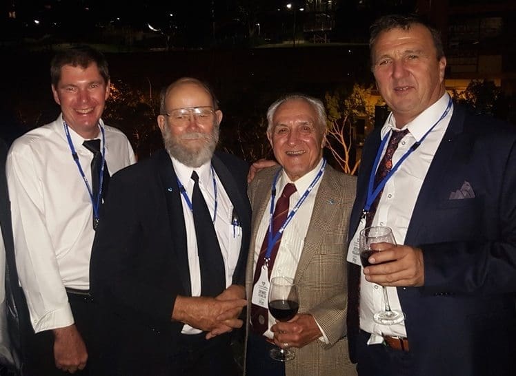 Catching up at the recent AuctionsPlus 30th anniversary in Sydney were from left, Greg Cobiac, Elders Kingston, SA; Tom Brinkworth from Watervalley Station near Kingston; Dennis Scanlon, CALM's original livestock operations manager; and Peter Rollason, Elders AuctionsPlus coordinator.