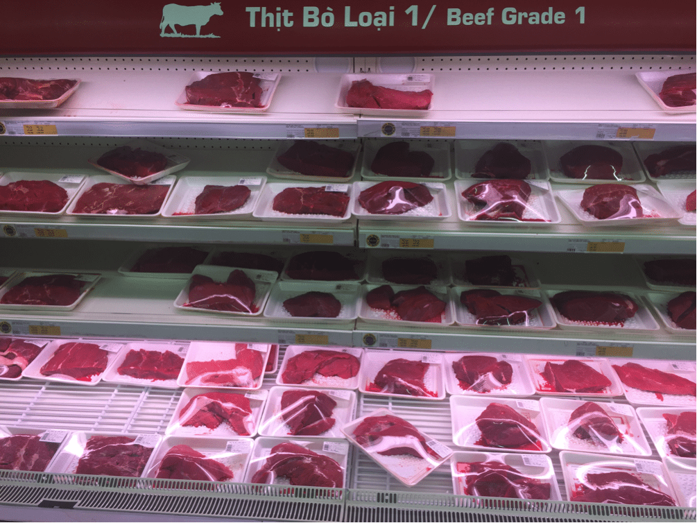 Photo: locally slaughtered product (Grade 1) which in most cases will be sourced from Australian cattle slaughtered in Vietnam. Well presented & hygienic displays.