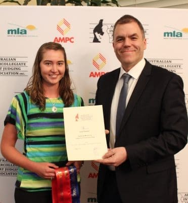 Individual runner-up, Leah Parsons from Garden City Community College, USA, receives her award from AMPC's Tom Maguire 