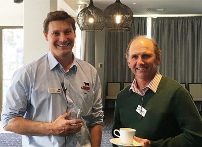 Breed development & extension manager, Andrew Byrne, left, with an attendee at an earlier regional forum