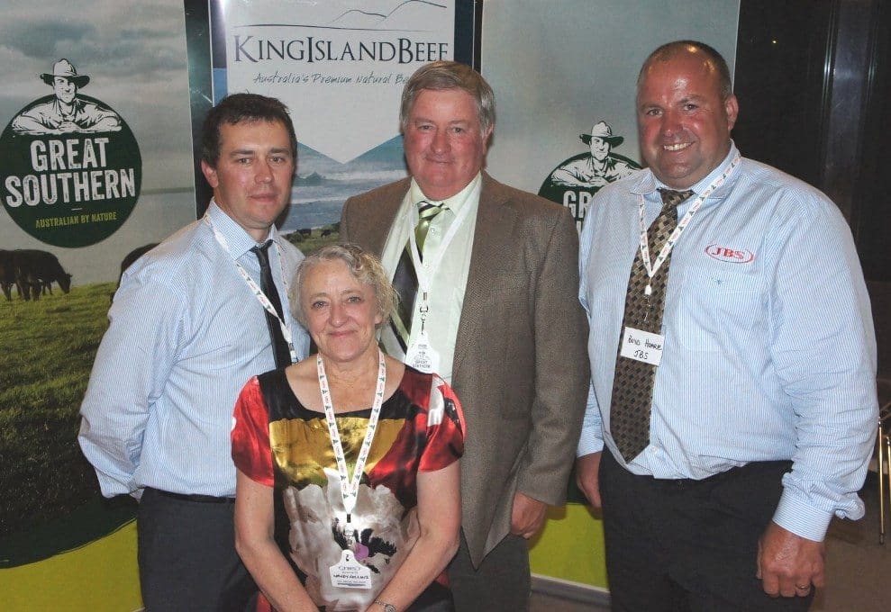 King Island beef producers Doug and Wendy Collins, pictured here receiving last year's JBS Great Southern Beef Producers of the Year award from JBS's KI livestock buyer Boyd Hoare and state livestock manager Matthew Bosworth, have not missed a Booroomooka sale in 18 years.