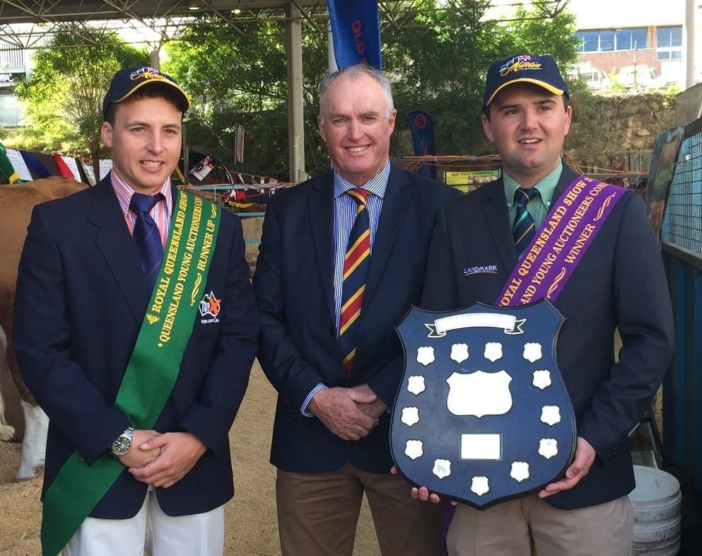 Queensland Young Auctioneers winner Jake Smith, right, and runner-up Lincoln McKinlay are congratulated by ALPA's Paul Pratt.